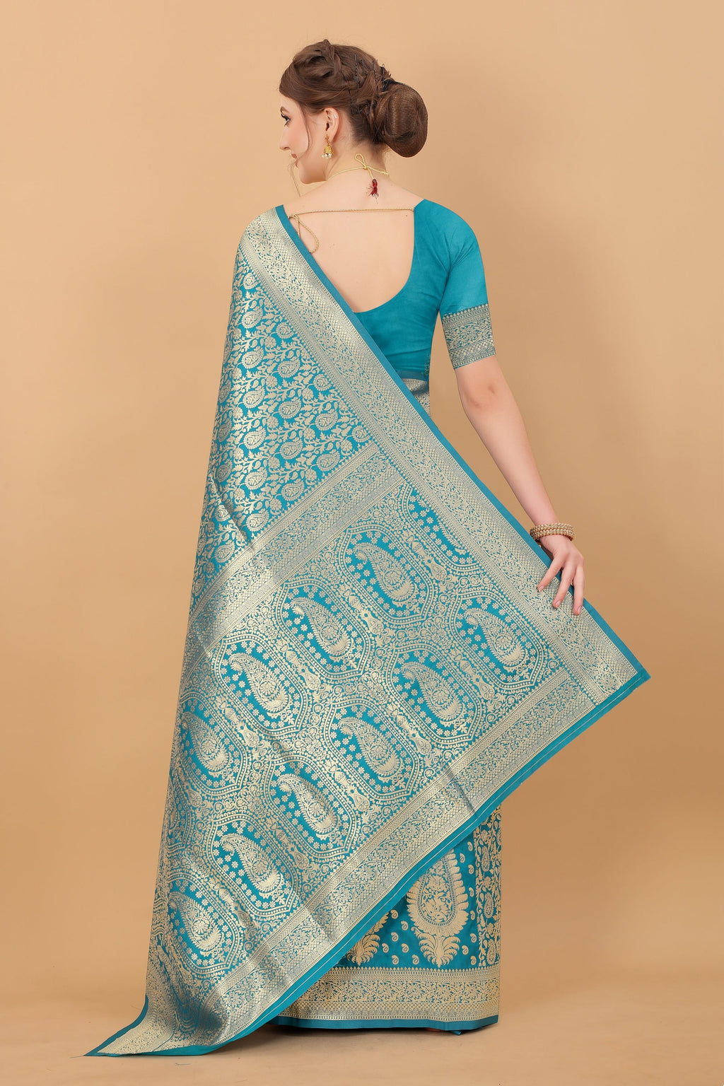 Vedant Vastram Soft Litchi Silk Kanjeevaram Saree - Turquoise | Grocsy