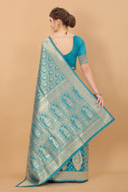 Vedant Vastram Soft Litchi Silk Kanjeevaram Saree - Turquoise | Grocsy