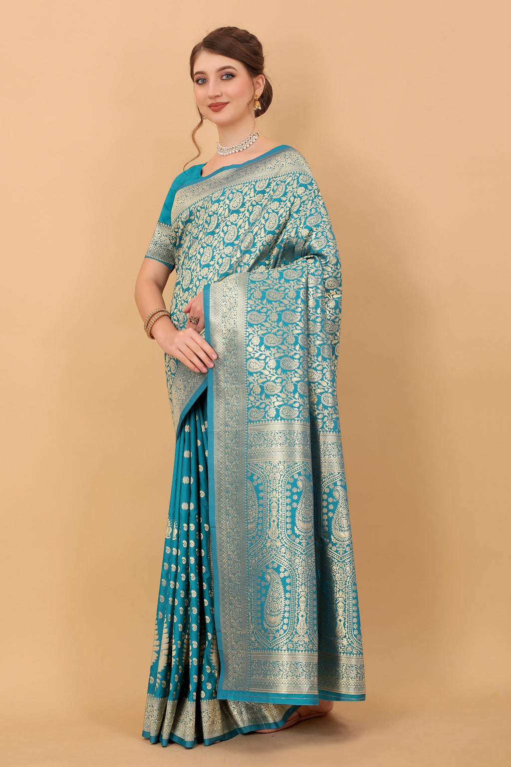Vedant Vastram Soft Litchi Silk Kanjeevaram Saree - Turquoise | Grocsy