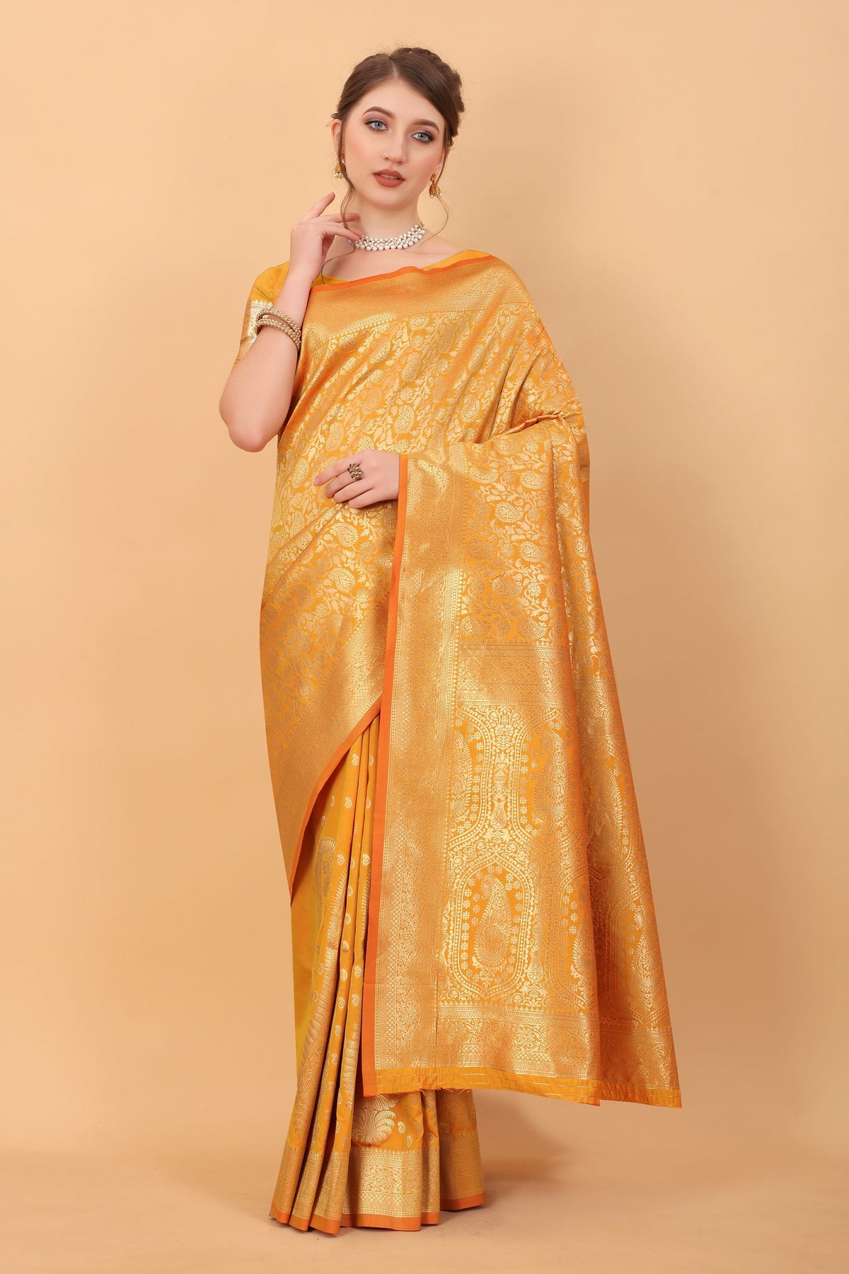 Vedant Vastram Soft Litchi Silk Kanjeevaram Saree - Yellow | Grocsy