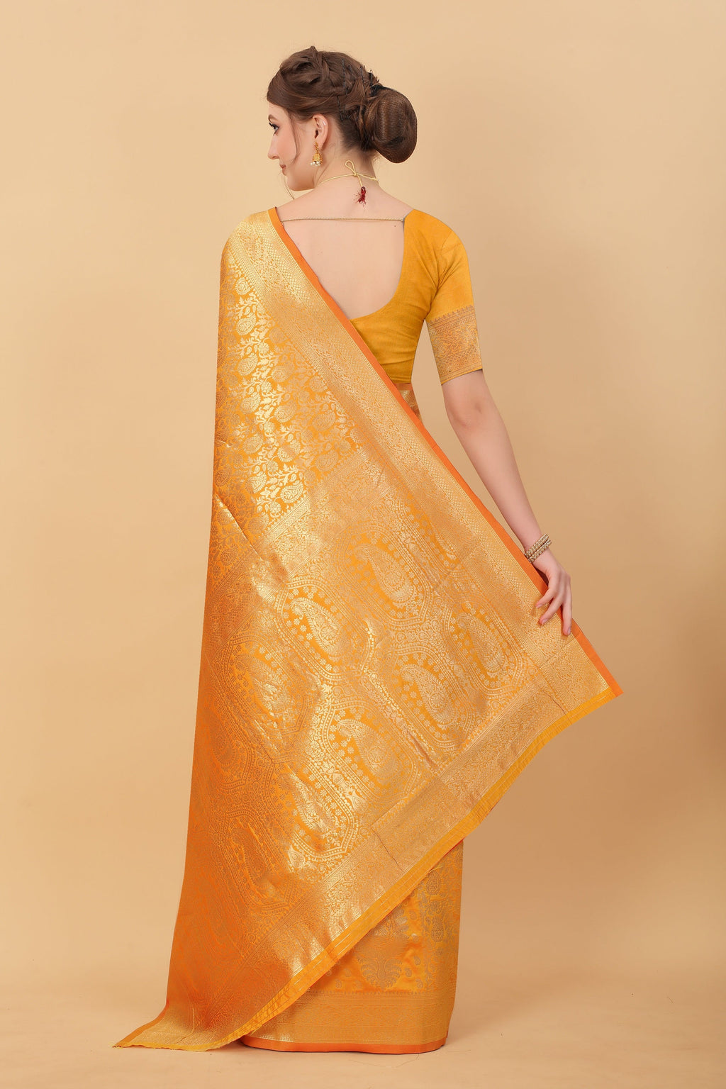 Vedant Vastram Soft Litchi Silk Kanjeevaram Saree - Yellow | Grocsy