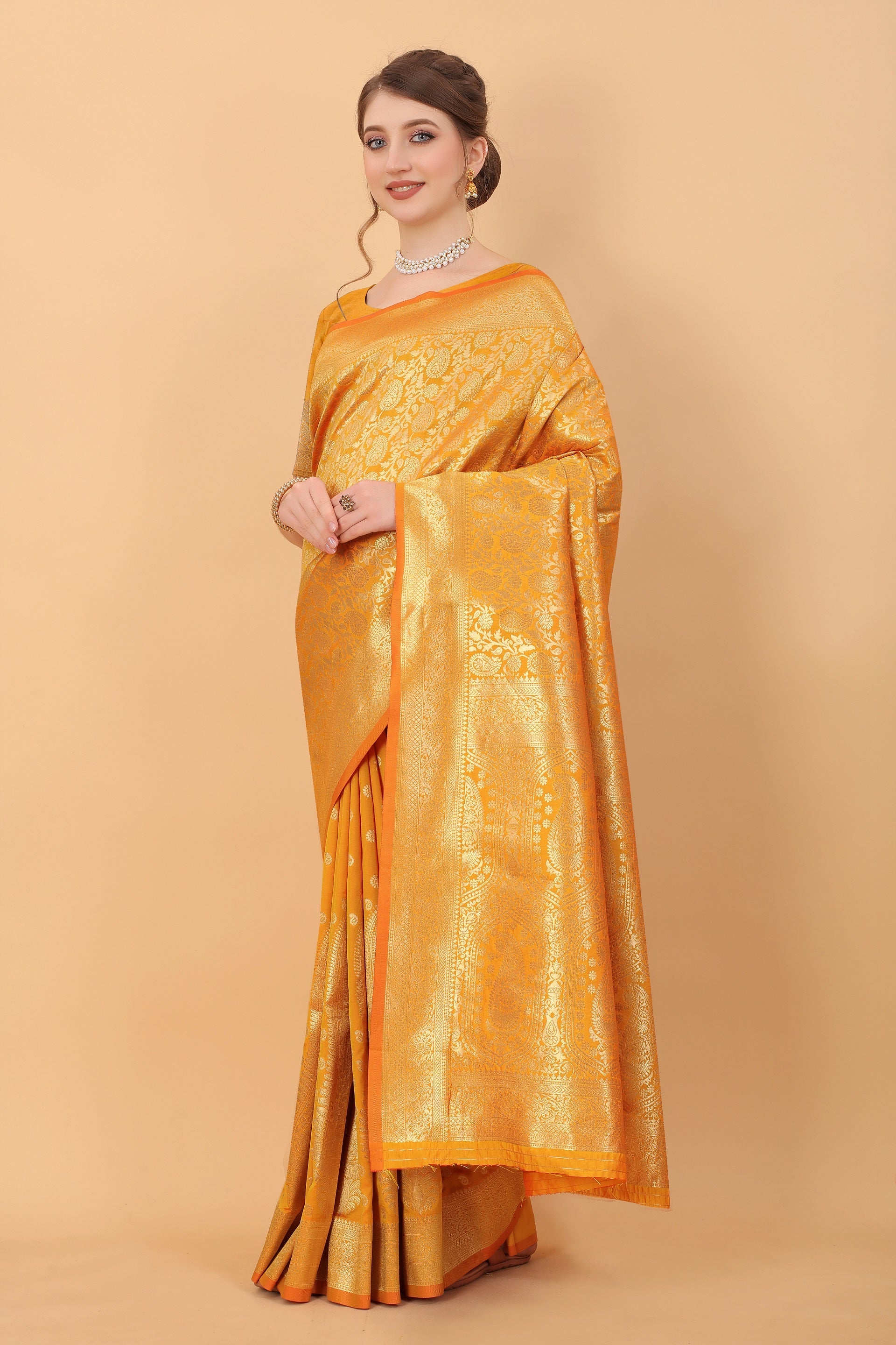 Vedant Vastram Soft Litchi Silk Kanjeevaram Saree - Yellow | Grocsy