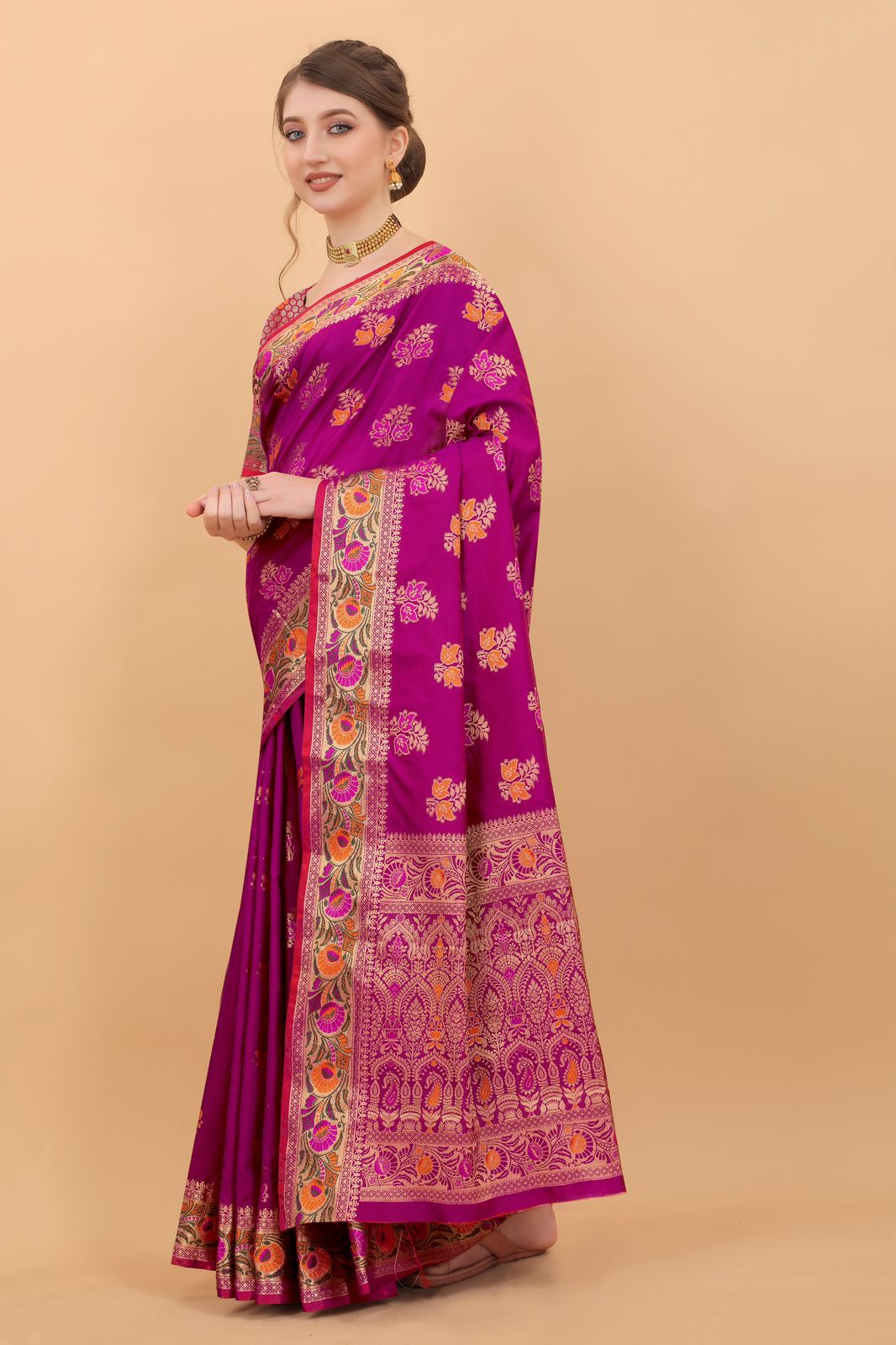 Vedant Vastram Soft Litchi Silk Kanjeevaram Saree - Magenta | Grocsy
