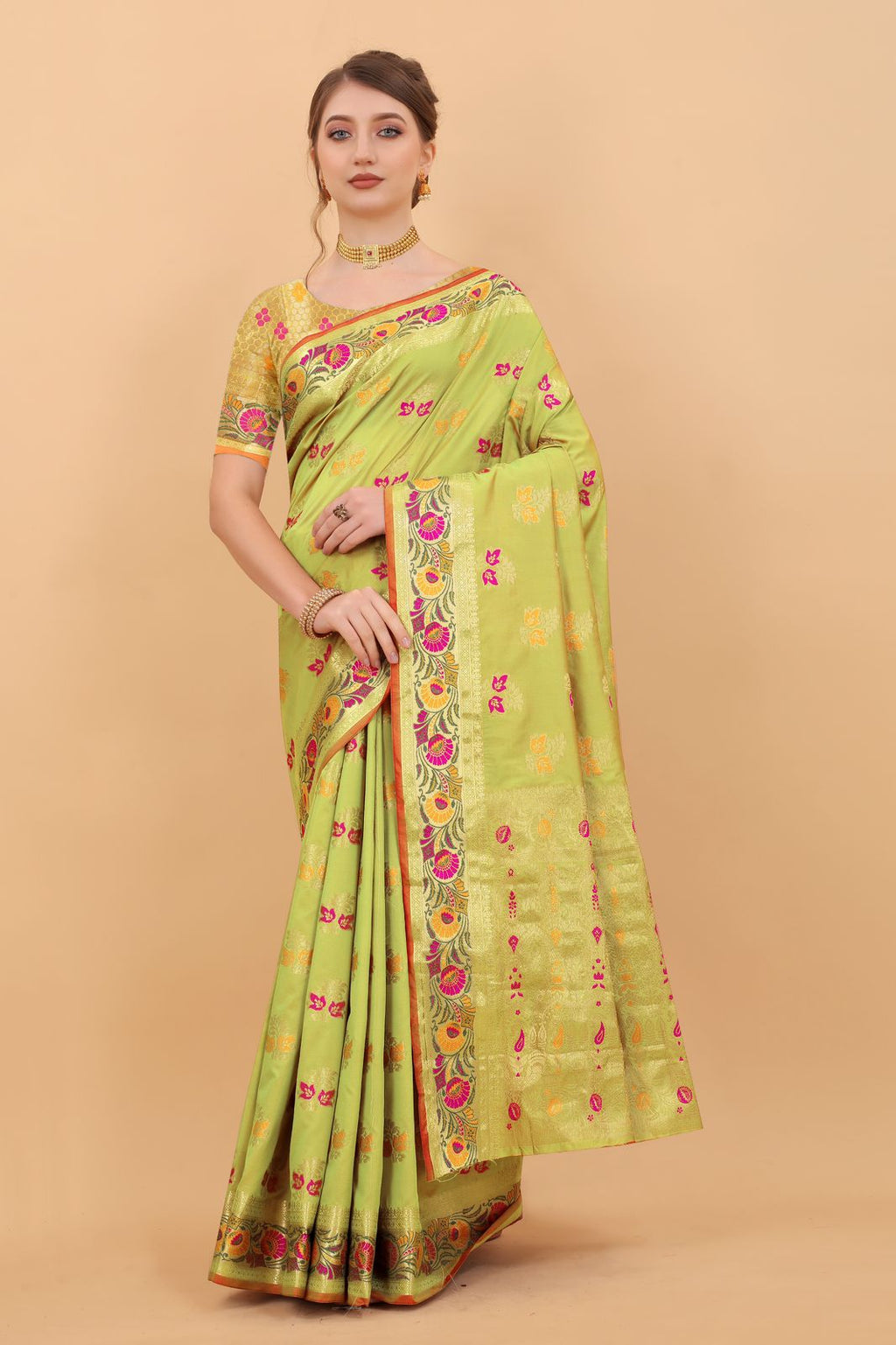 Vedant Vastram Soft Litchi Silk Kanjeevaram Saree - Parrot | Grocsy
