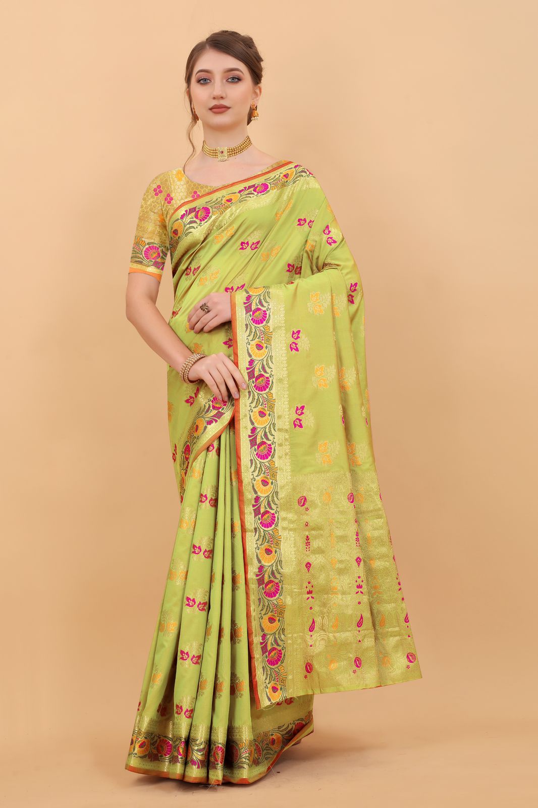 Vedant Vastram Soft Litchi Silk Kanjeevaram Saree - Parrot | Grocsy