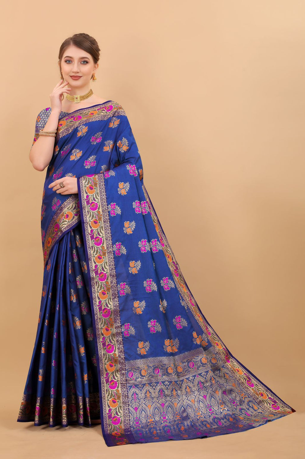 Vedant Vastram Soft Litchi Silk Kanjeevaram Saree - Royal Blue | Grocsy