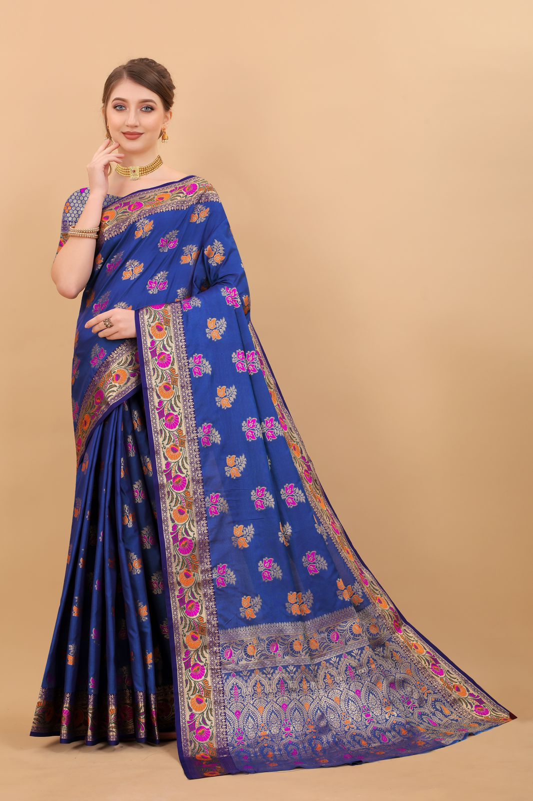 Vedant Vastram Soft Litchi Silk Kanjeevaram Saree - Royal Blue | Grocsy