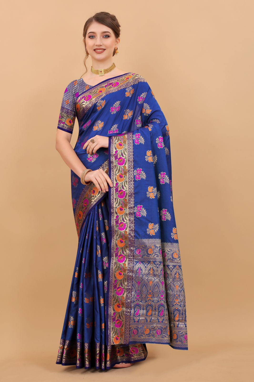 Vedant Vastram Soft Litchi Silk Kanjeevaram Saree - Royal Blue | Grocsy