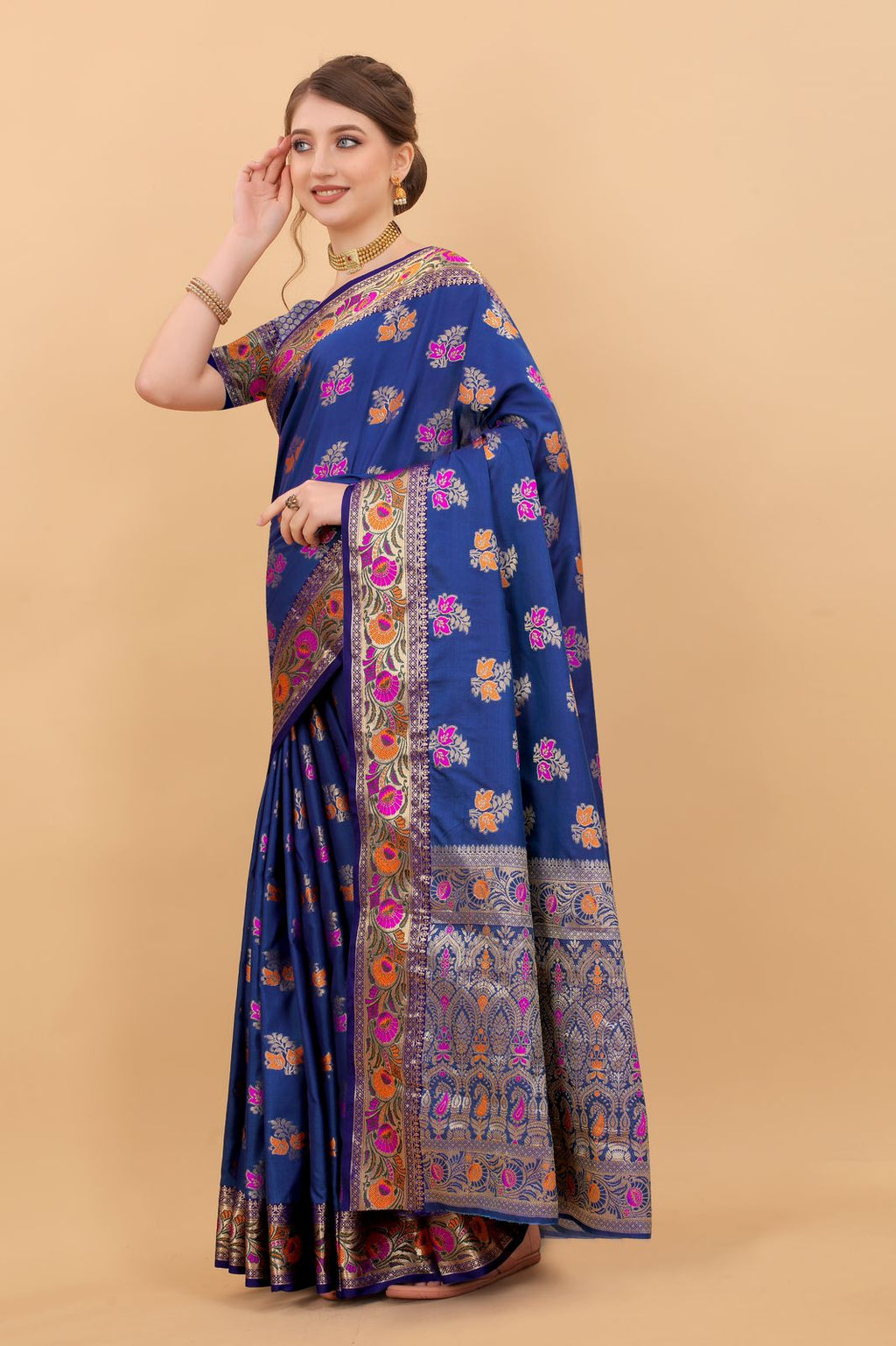 Vedant Vastram Soft Litchi Silk Kanjeevaram Saree - Royal Blue | Grocsy