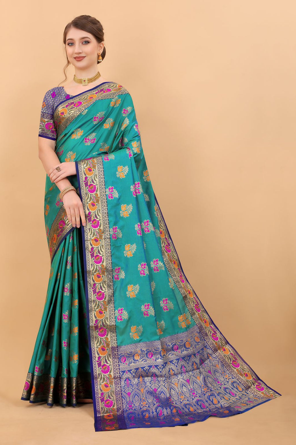 Vedant Vastram Soft Litchi Silk Kanjeevaram Saree - Rama | Grocsy