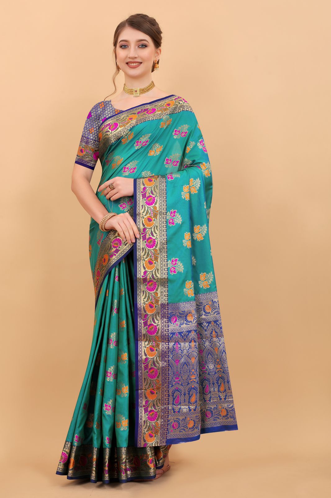 Vedant Vastram Soft Litchi Silk Kanjeevaram Saree - Rama | Grocsy
