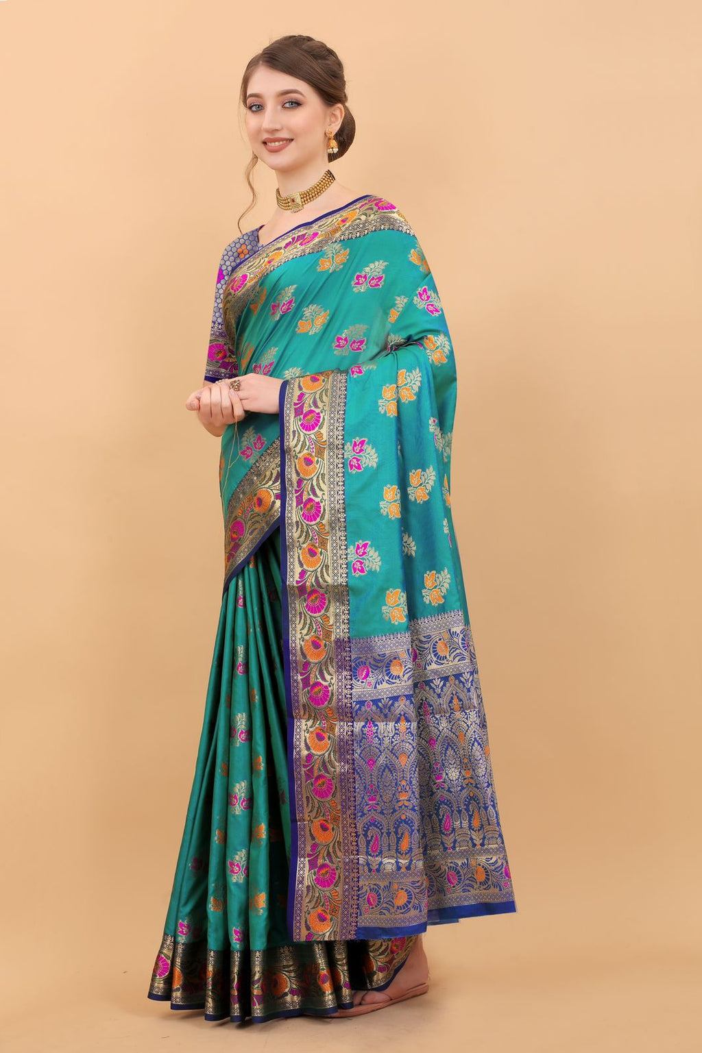 Vedant Vastram Soft Litchi Silk Kanjeevaram Saree - Rama | Grocsy