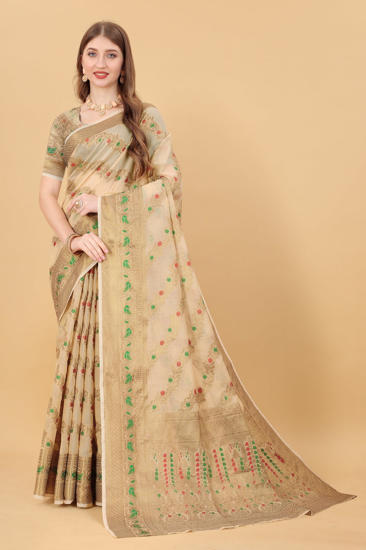 Vedant Vastram Soft Cotton Silk Banarasi Silk Saree - Beige | Grocsy