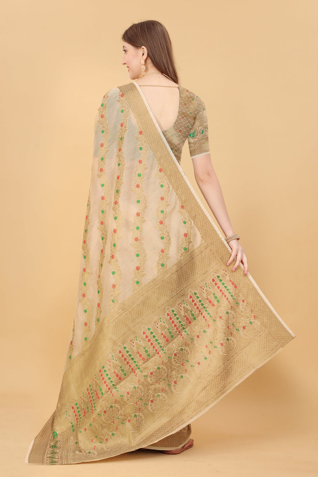 Vedant Vastram Soft Cotton Silk Banarasi Silk Saree - Beige | Grocsy