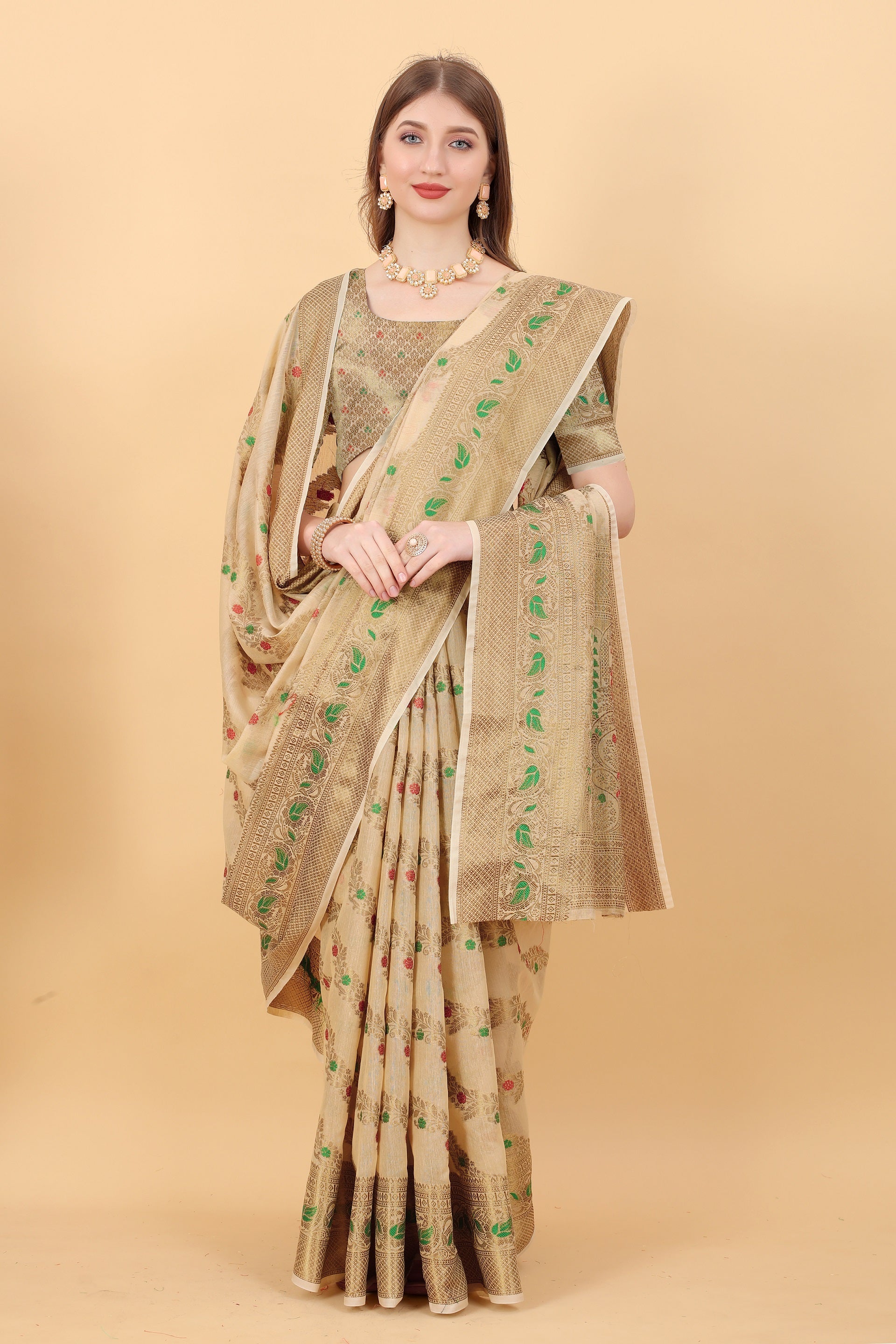 Vedant Vastram Soft Cotton Silk Banarasi Silk Saree - Beige | Grocsy