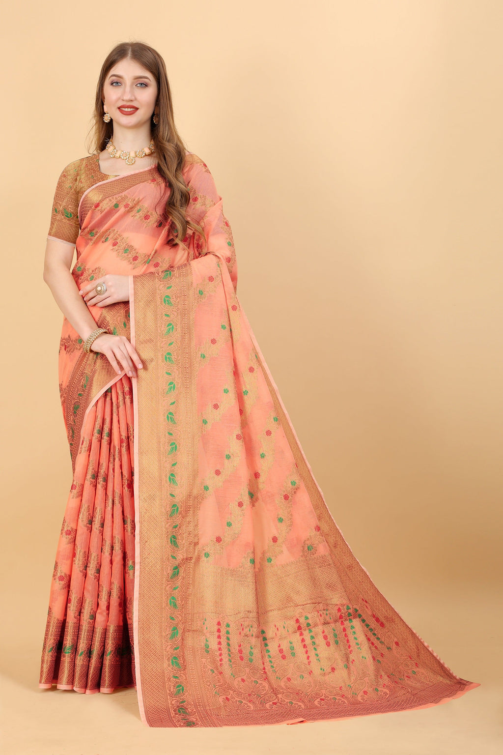 Vedant Vastram Soft Cotton Silk Banarasi Silk Saree - Peach | Grocsy