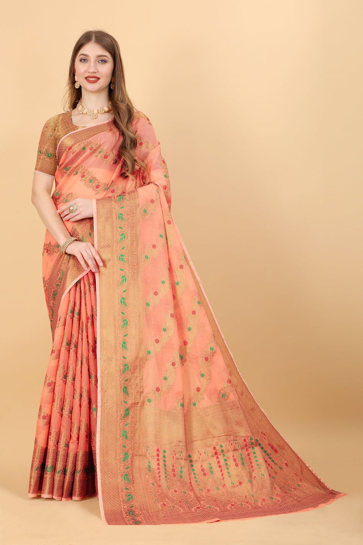 Vedant Vastram Soft Cotton Silk Banarasi Silk Saree - Peach | Grocsy