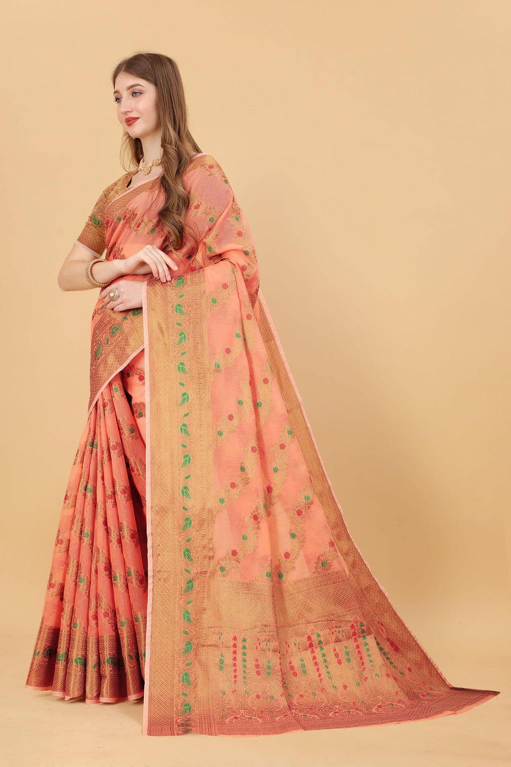 Vedant Vastram Soft Cotton Silk Banarasi Silk Saree - Peach | Grocsy