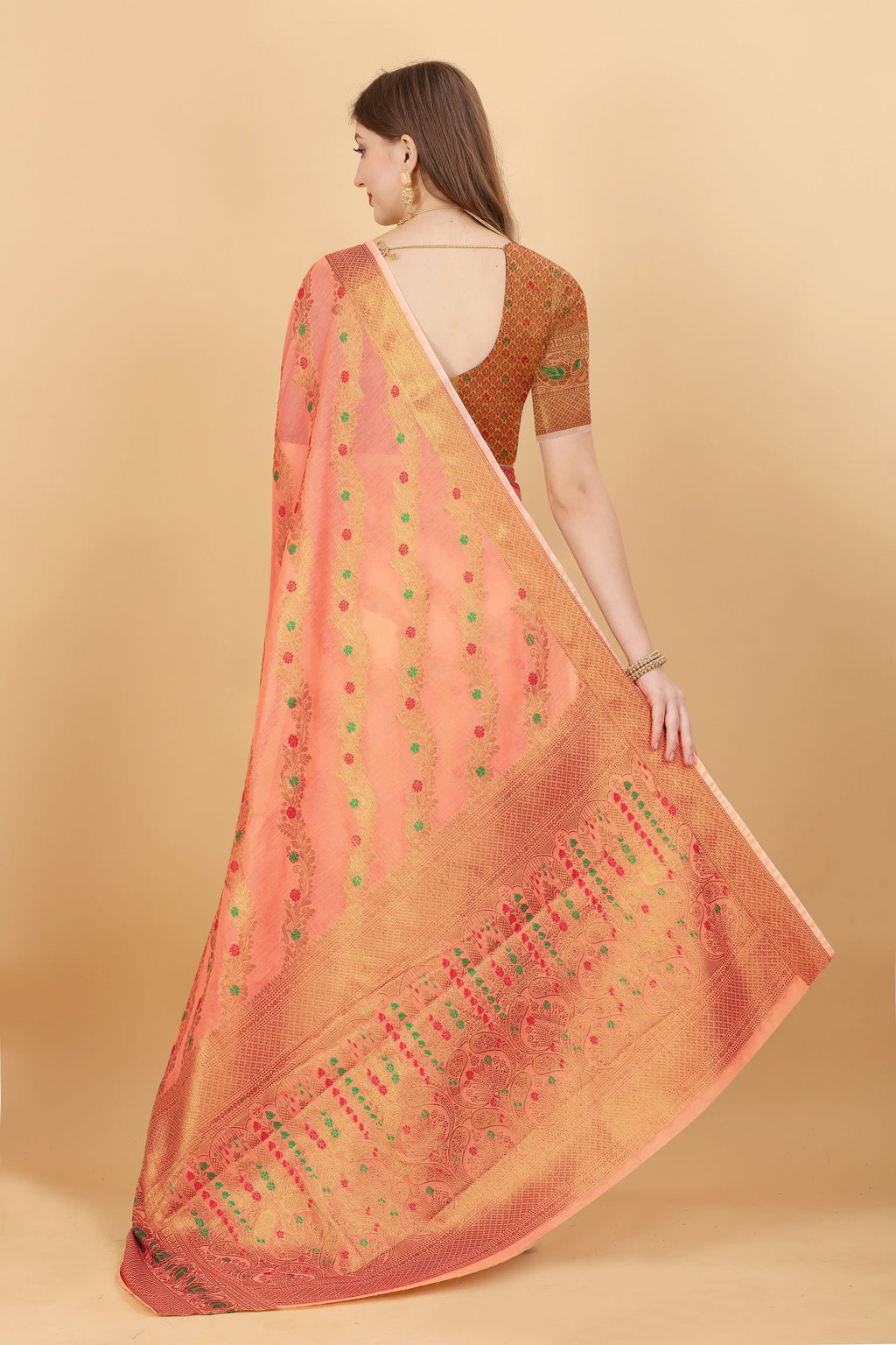 Vedant Vastram Soft Cotton Silk Banarasi Silk Saree - Peach | Grocsy
