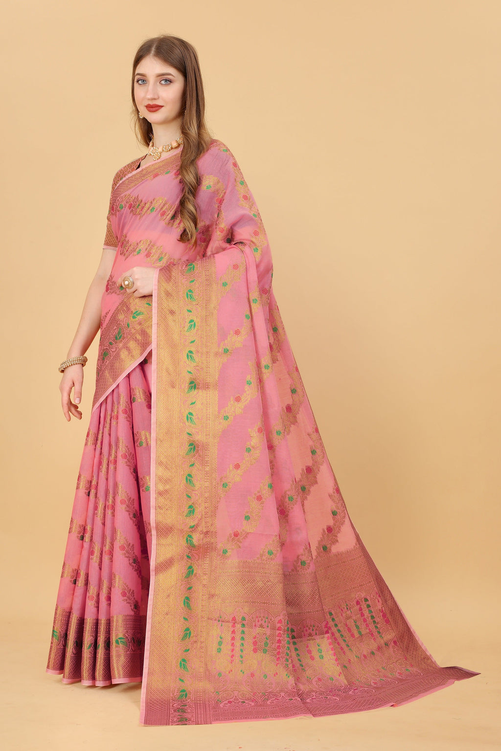 Vedant Vastram Soft Cotton Silk Banarasi Silk Saree - Pink | Grocsy