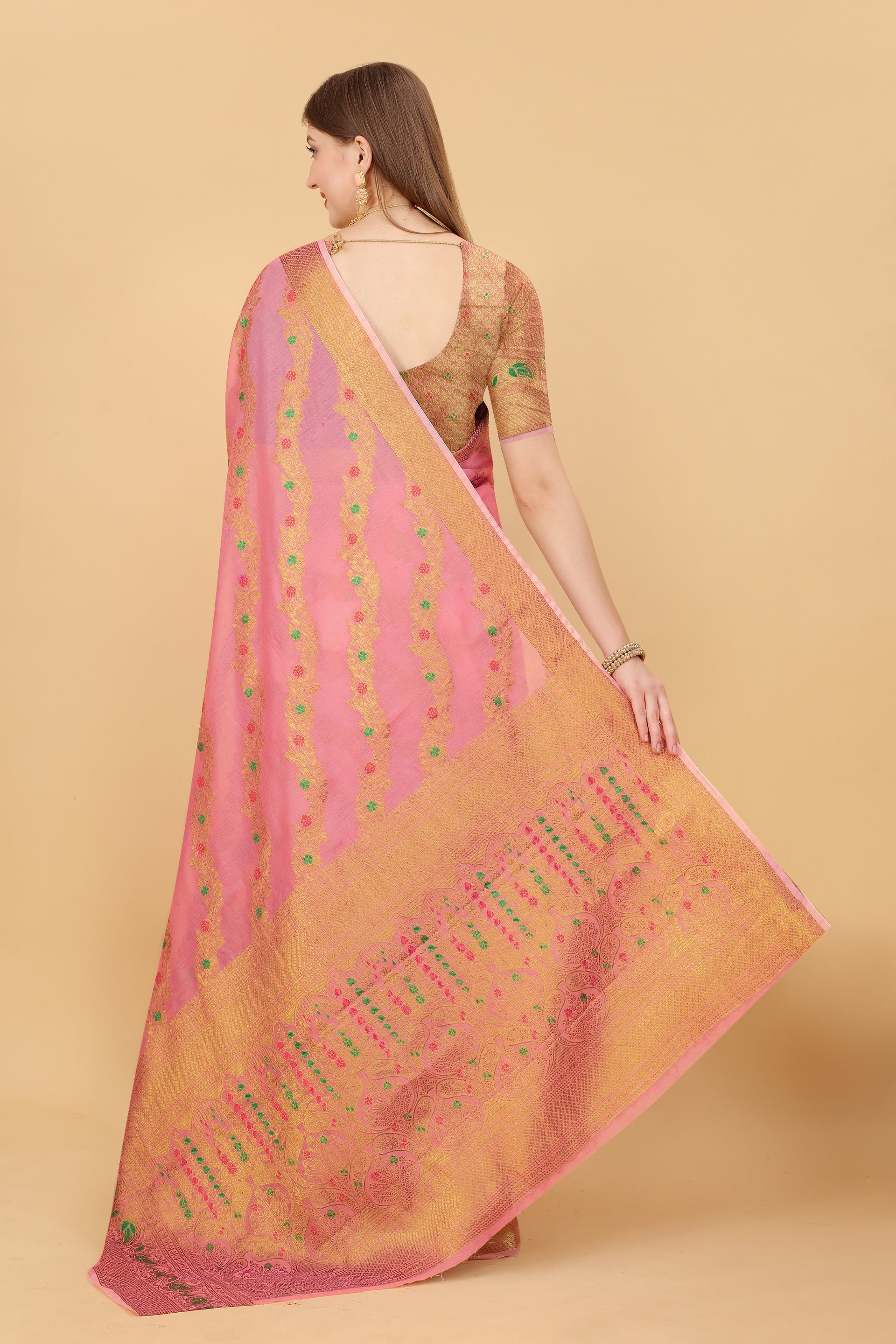 Vedant Vastram Soft Cotton Silk Banarasi Silk Saree - Pink | Grocsy
