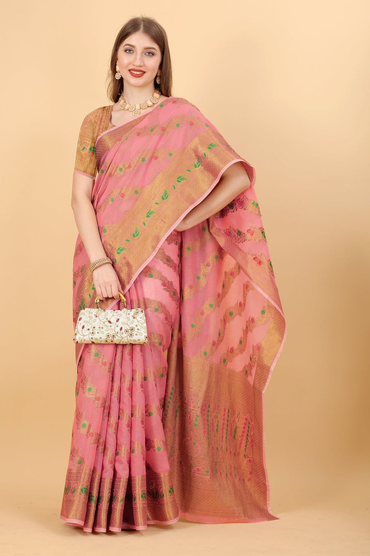 Vedant Vastram Soft Cotton Silk Banarasi Silk Saree - Pink | Grocsy