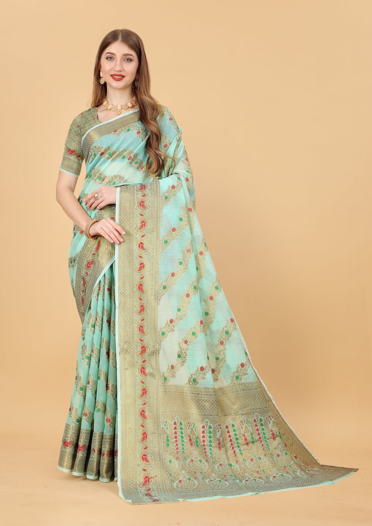 Vedant Vastram Soft Cotton Silk Banarasi Silk Saree - Seegreen | Grocsy