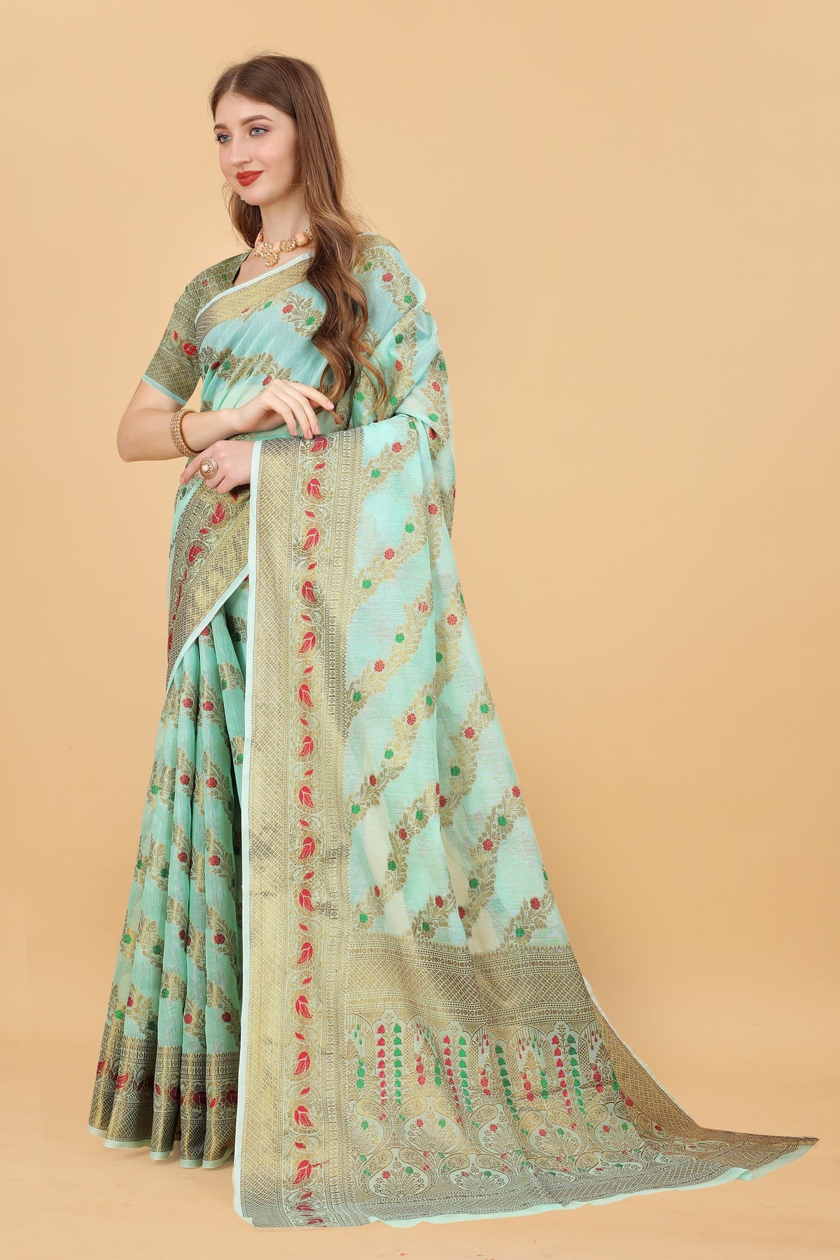 Vedant Vastram Soft Cotton Silk Banarasi Silk Saree - Seegreen | Grocsy