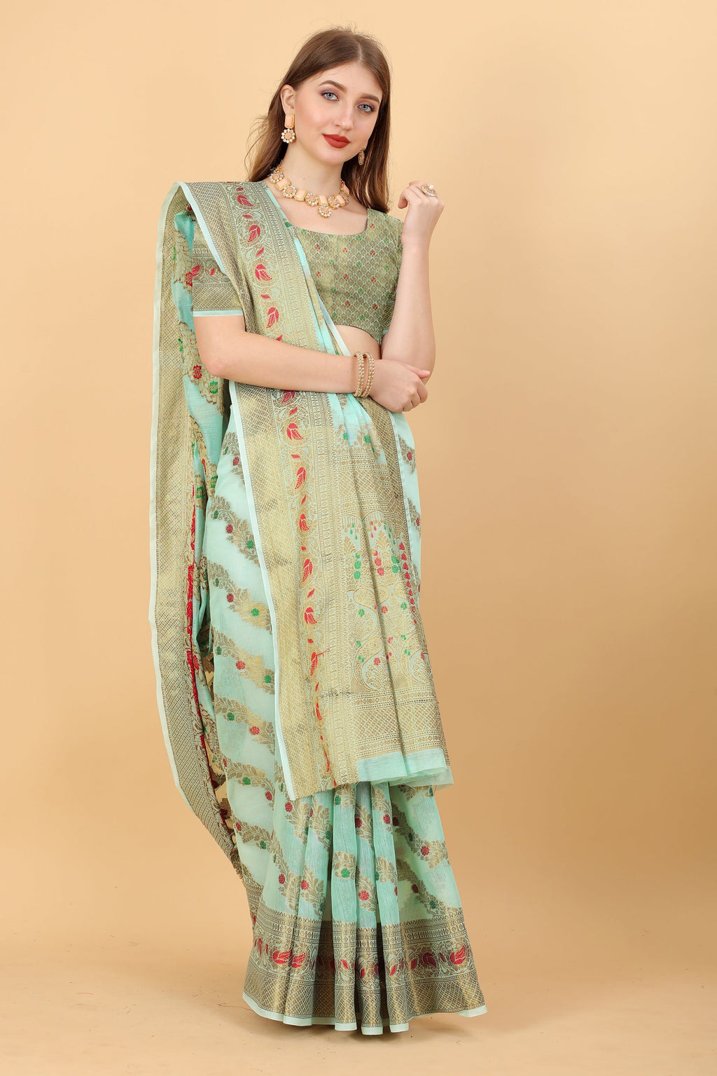 Vedant Vastram Soft Cotton Silk Banarasi Silk Saree - Seegreen | Grocsy