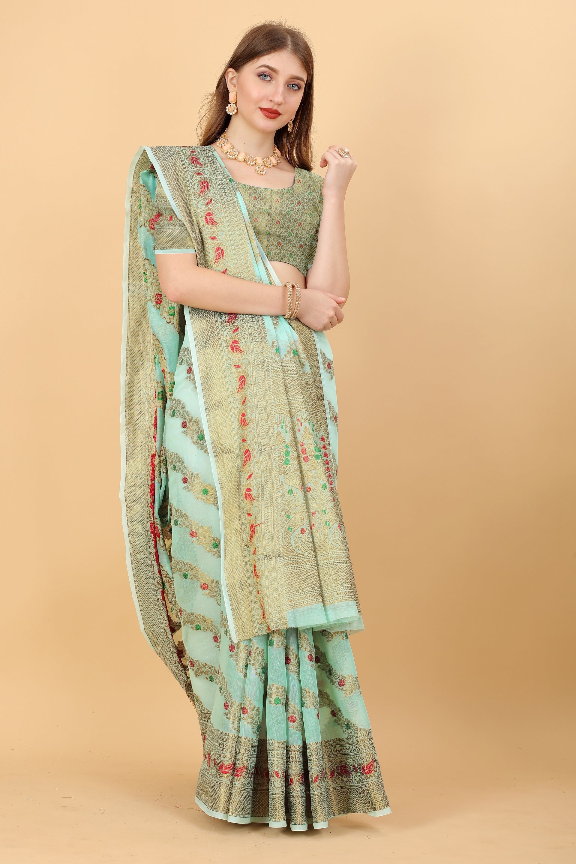 Vedant Vastram Soft Cotton Silk Banarasi Silk Saree - Seegreen | Grocsy