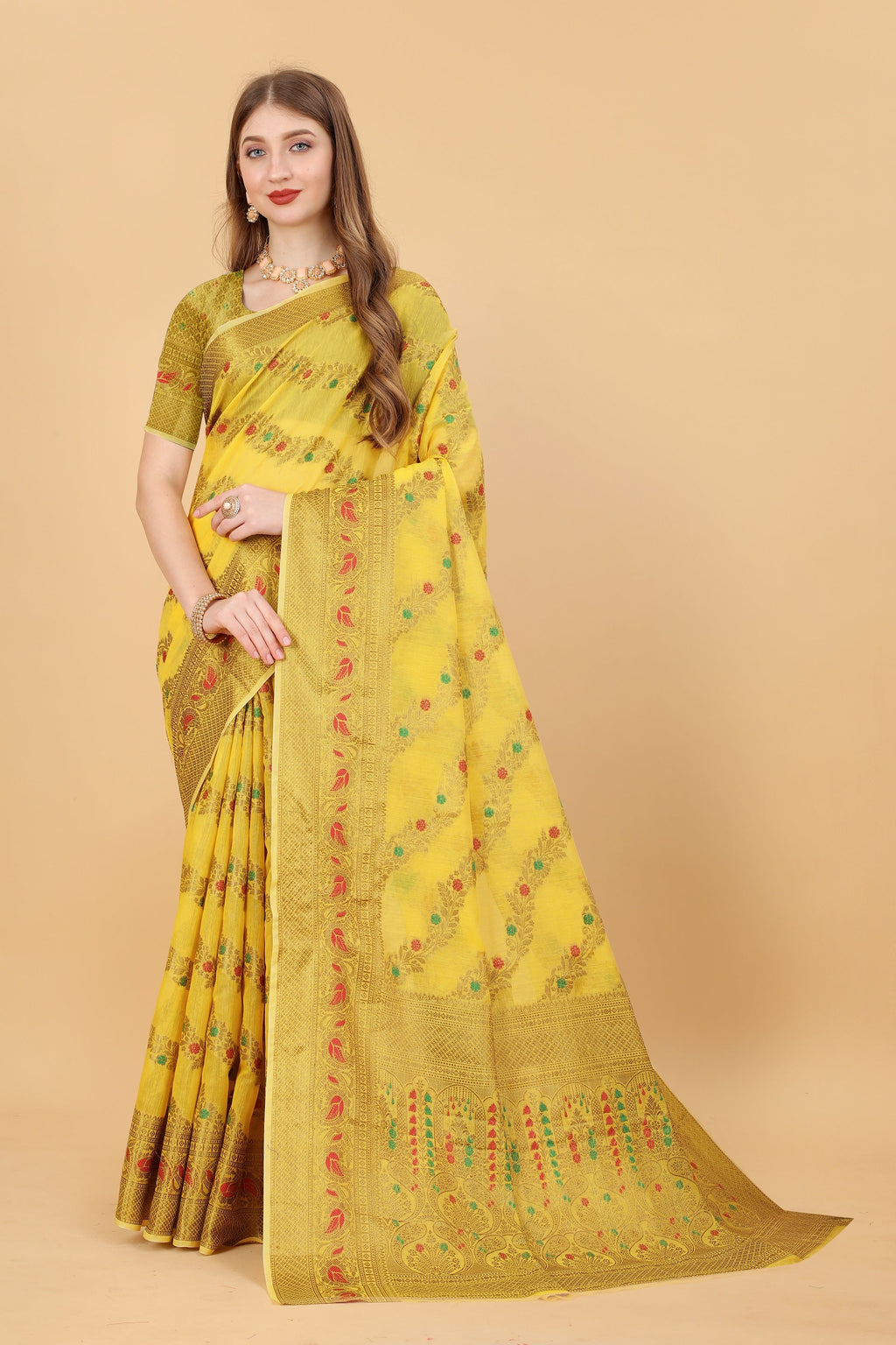 Vedant Vastram Soft Cotton Silk Banarasi Silk Saree - Yellow | Grocsy