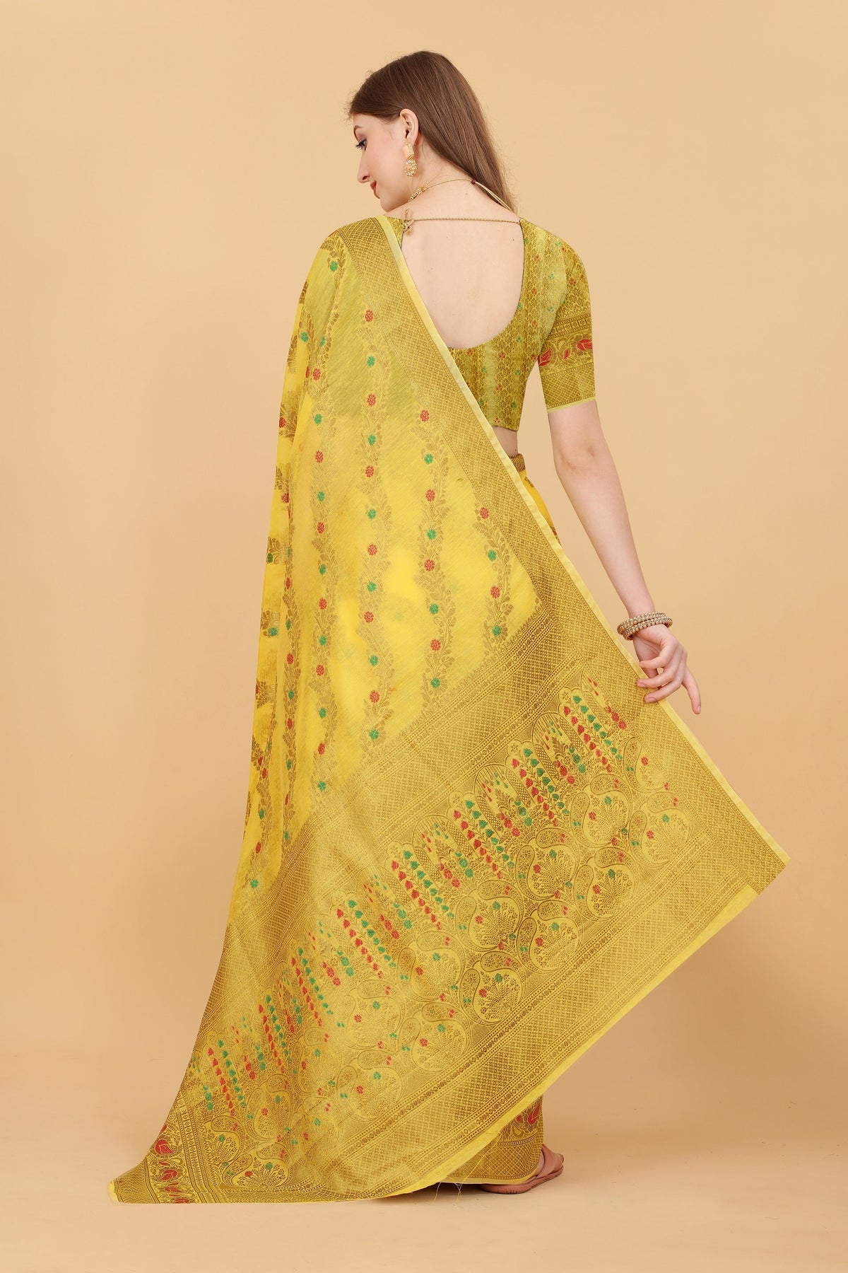 Vedant Vastram Soft Cotton Silk Banarasi Silk Saree - Yellow | Grocsy