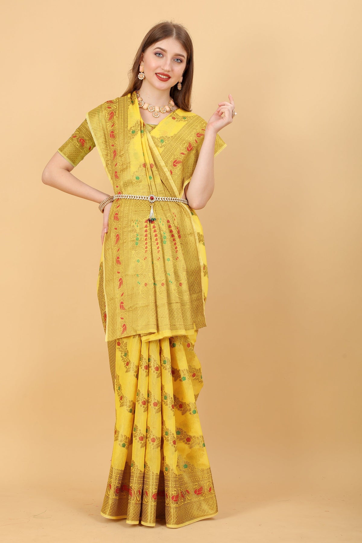 Vedant Vastram Soft Cotton Silk Banarasi Silk Saree - Yellow | Grocsy
