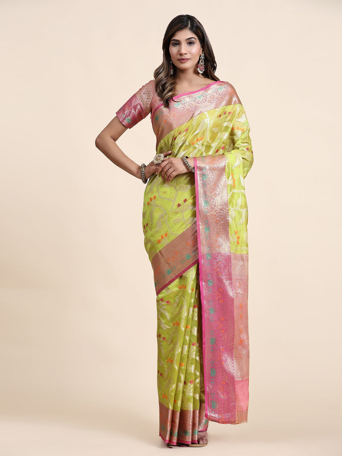 Vedant Vastram Organza Silk Kanjeevaram Saree - Lemon | Grocsy