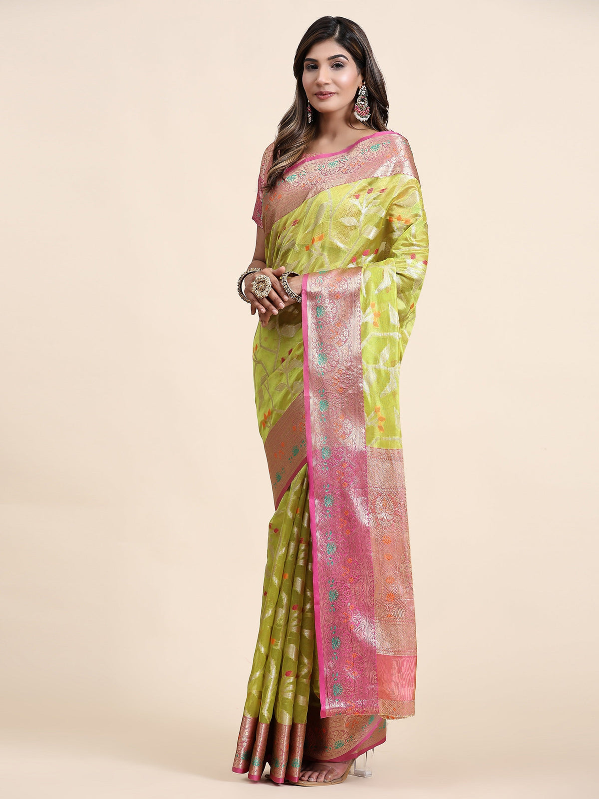 Vedant Vastram Organza Silk Kanjeevaram Saree - Lemon | Grocsy