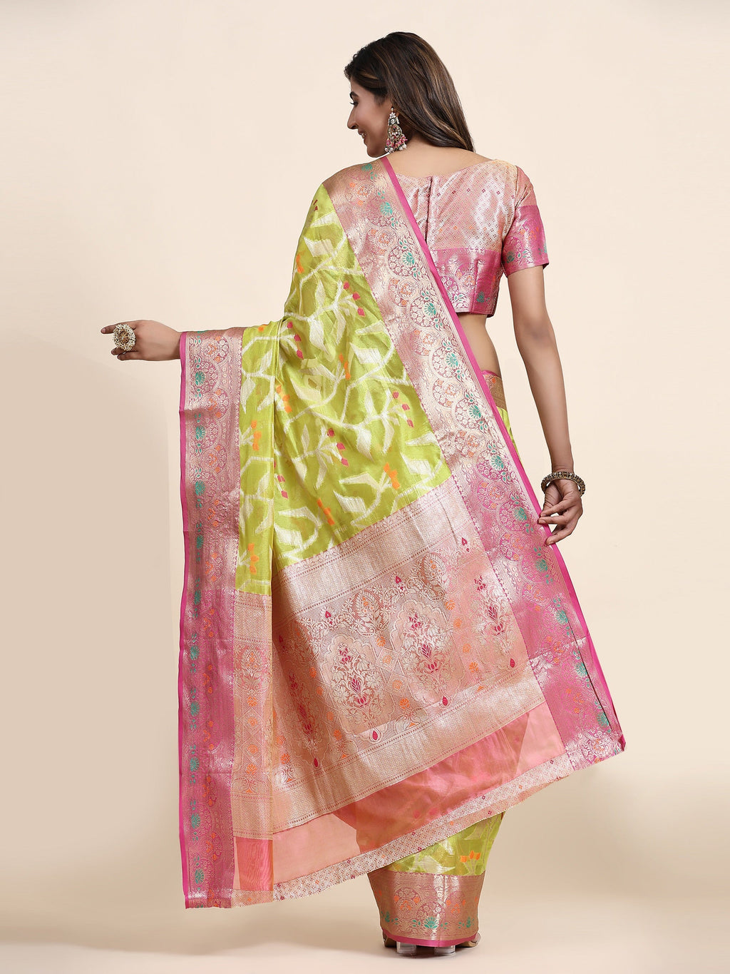 Vedant Vastram Organza Silk Kanjeevaram Saree - Lemon | Grocsy