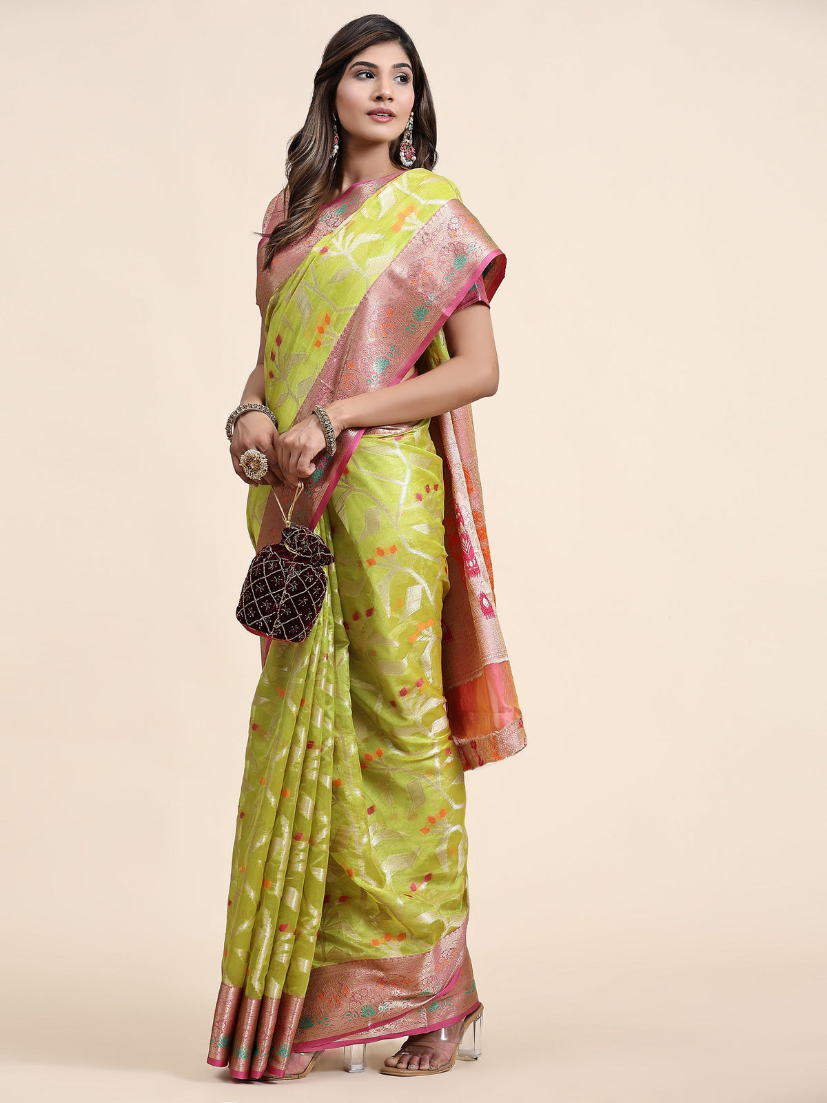 Vedant Vastram Organza Silk Kanjeevaram Saree - Lemon | Grocsy