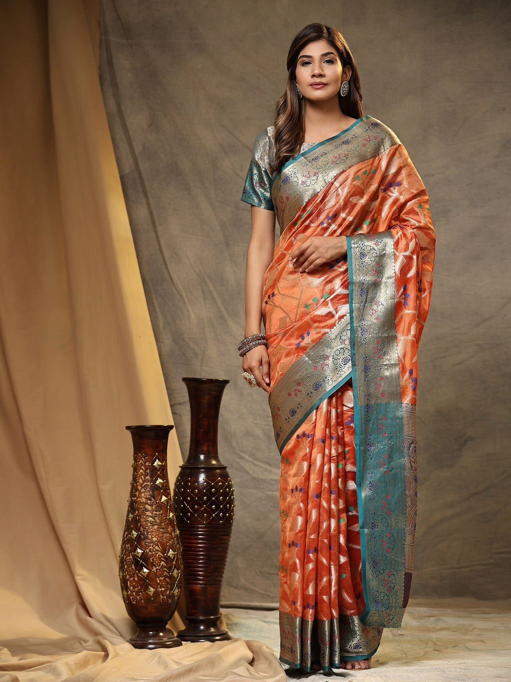 Vedant Vastram Organza Silk Kanjeevaram Saree - Peach | Grocsy