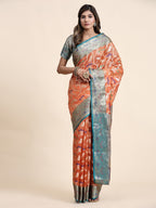 Vedant Vastram Organza Silk Kanjeevaram Saree - Peach | Grocsy
