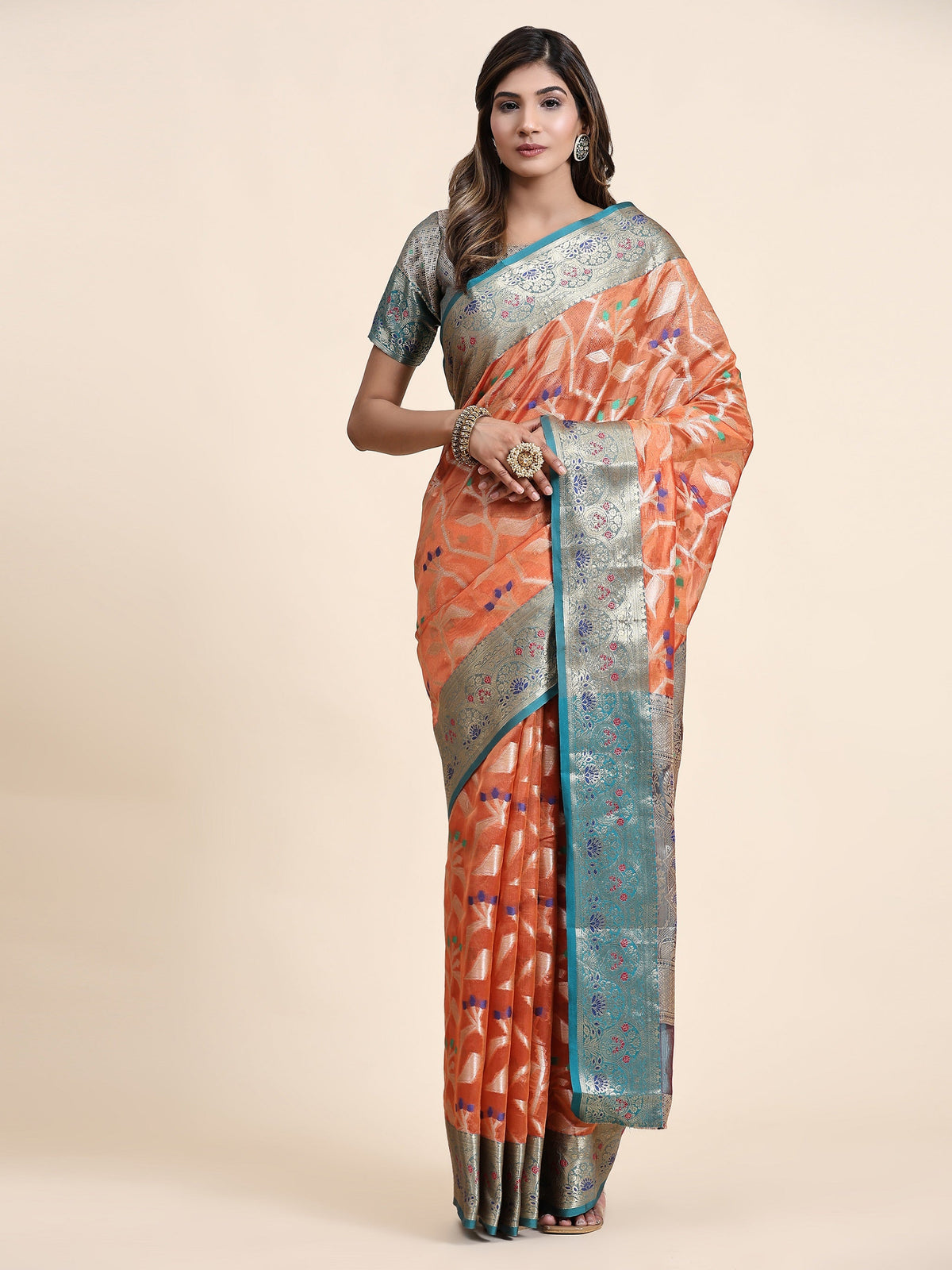 Vedant Vastram Organza Silk Kanjeevaram Saree - Peach | Grocsy