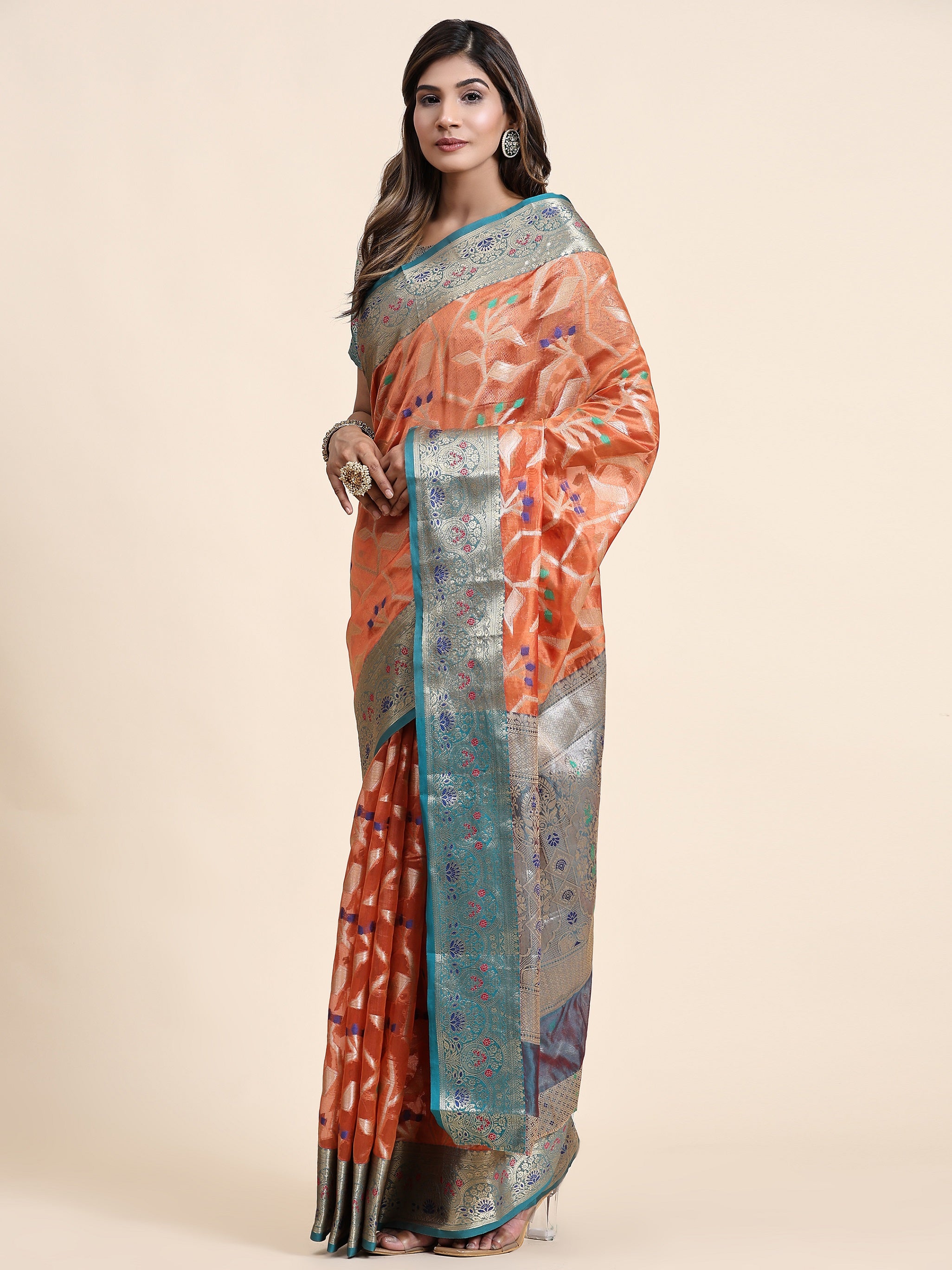 Vedant Vastram Organza Silk Kanjeevaram Saree - Peach | Grocsy