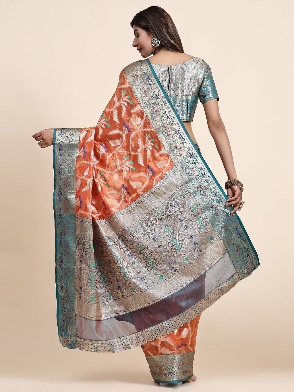 Vedant Vastram Organza Silk Kanjeevaram Saree - Peach | Grocsy