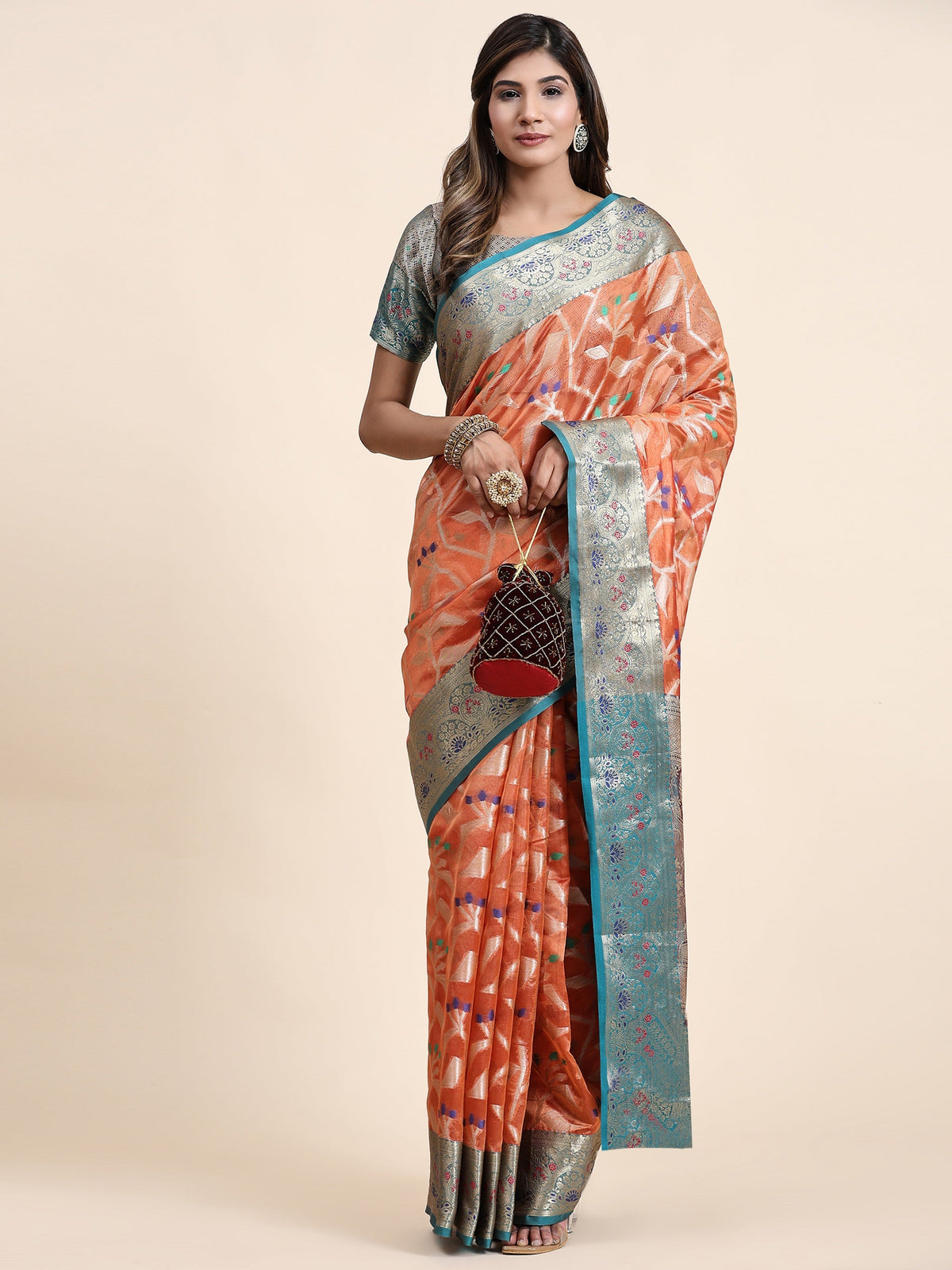 Vedant Vastram Organza Silk Kanjeevaram Saree - Peach | Grocsy