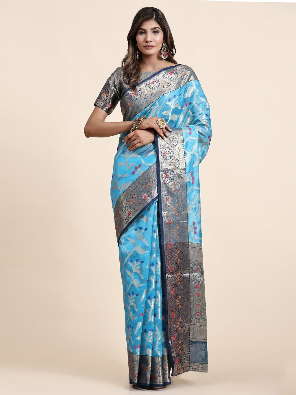 Vedant Vastram Organza Silk Kanjeevaram Saree - Skyblue | Grocsy