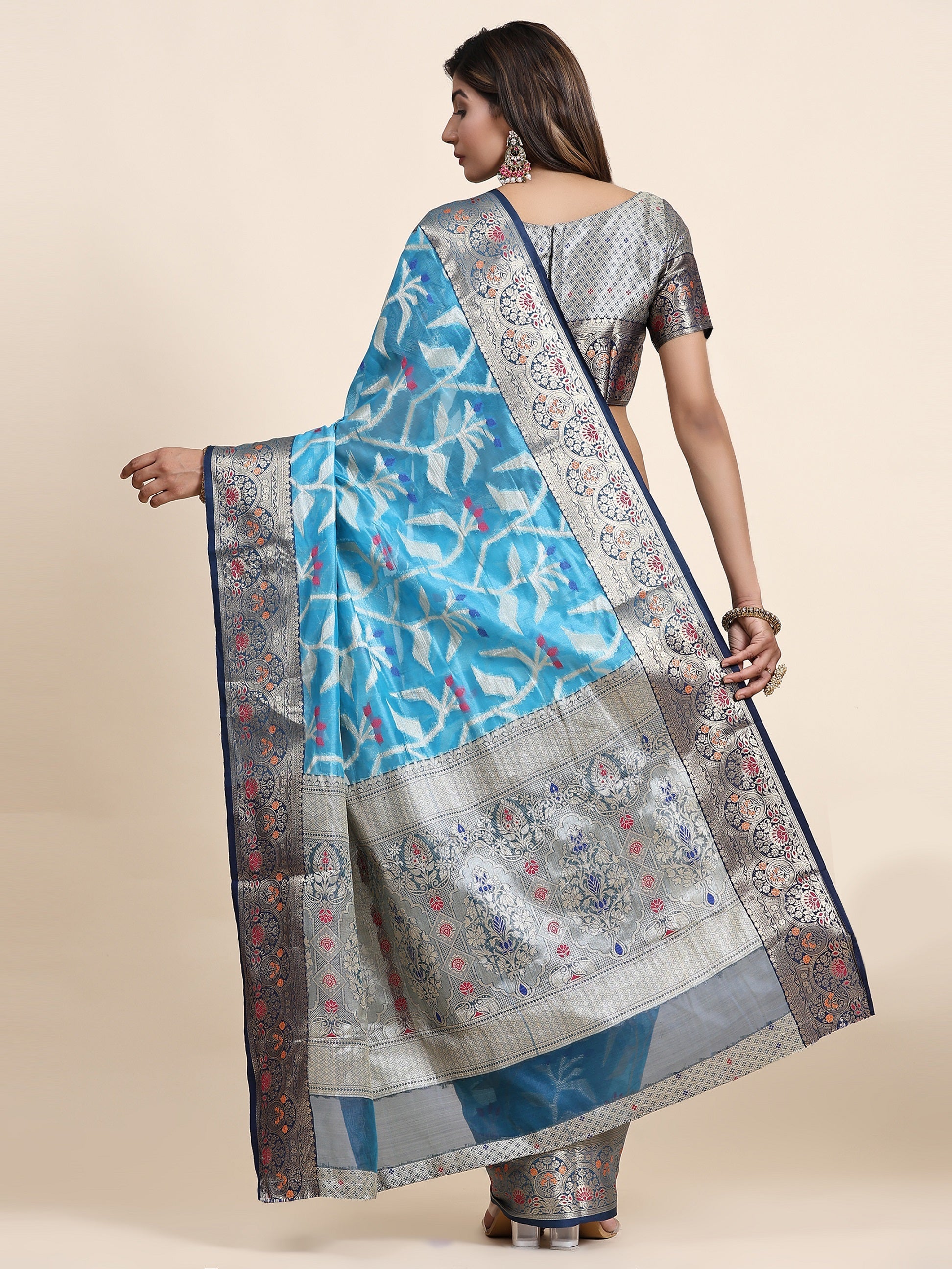 Vedant Vastram Organza Silk Kanjeevaram Saree - Skyblue | Grocsy