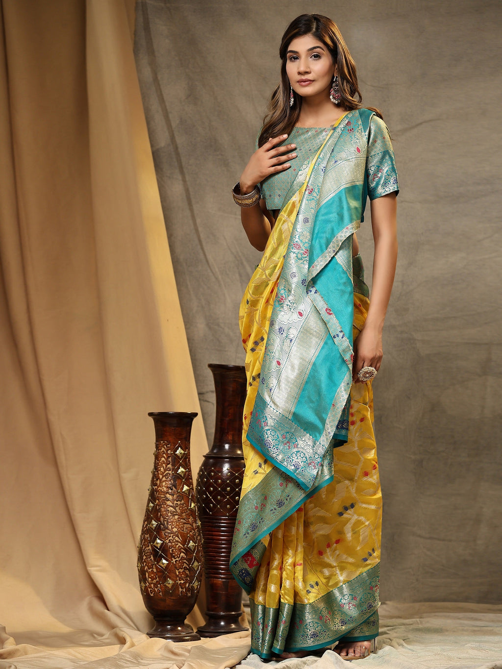 Vedant Vastram Organza Silk Kanjeevaram Saree - Yellow | Grocsy
