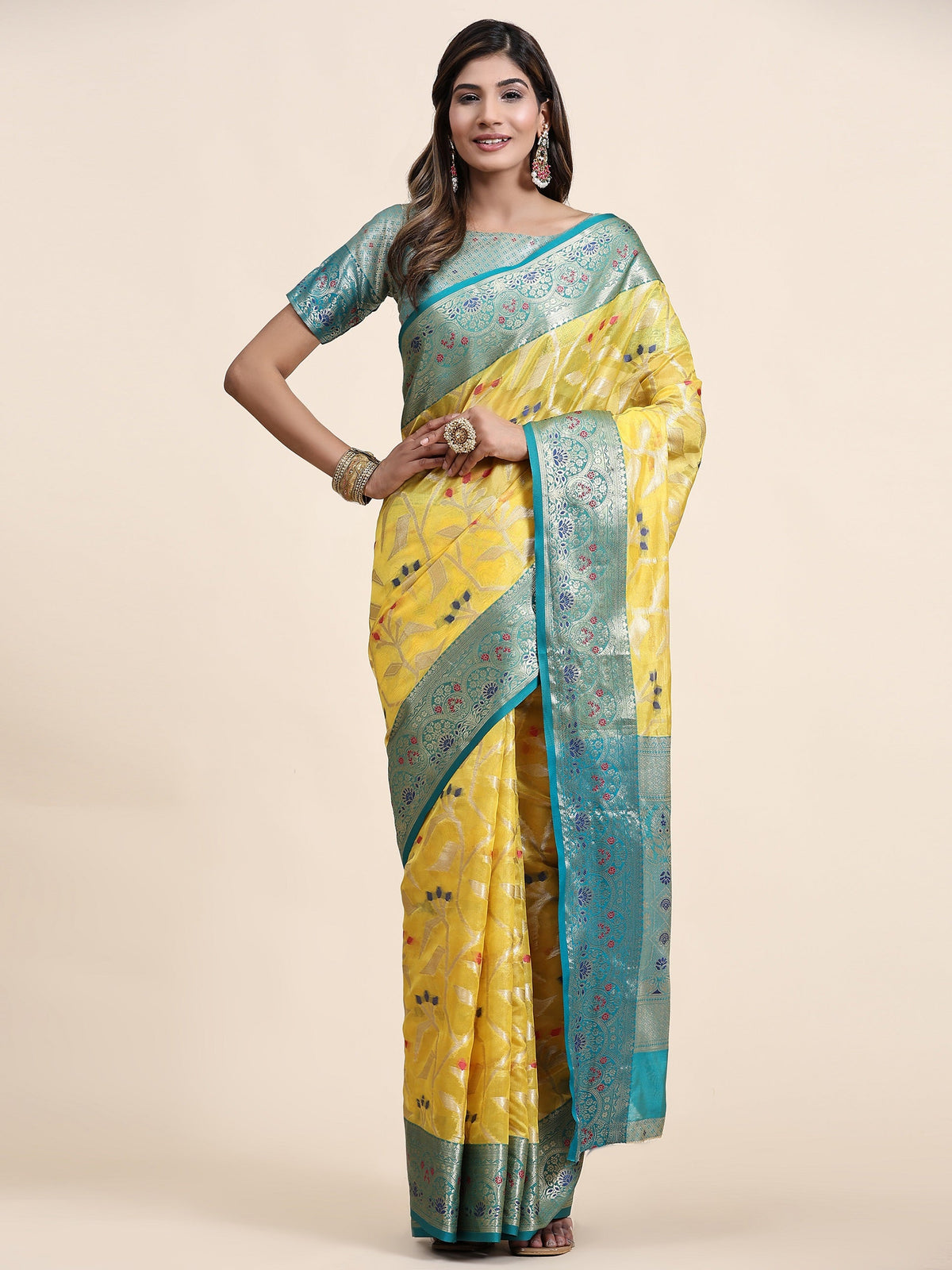 Vedant Vastram Organza Silk Kanjeevaram Saree - Yellow | Grocsy