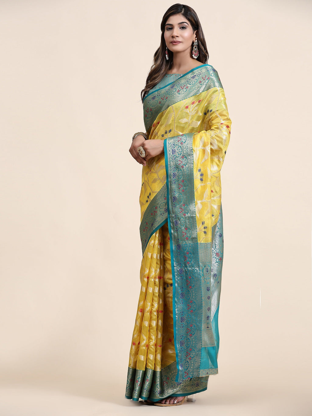 Vedant Vastram Organza Silk Kanjeevaram Saree - Yellow | Grocsy