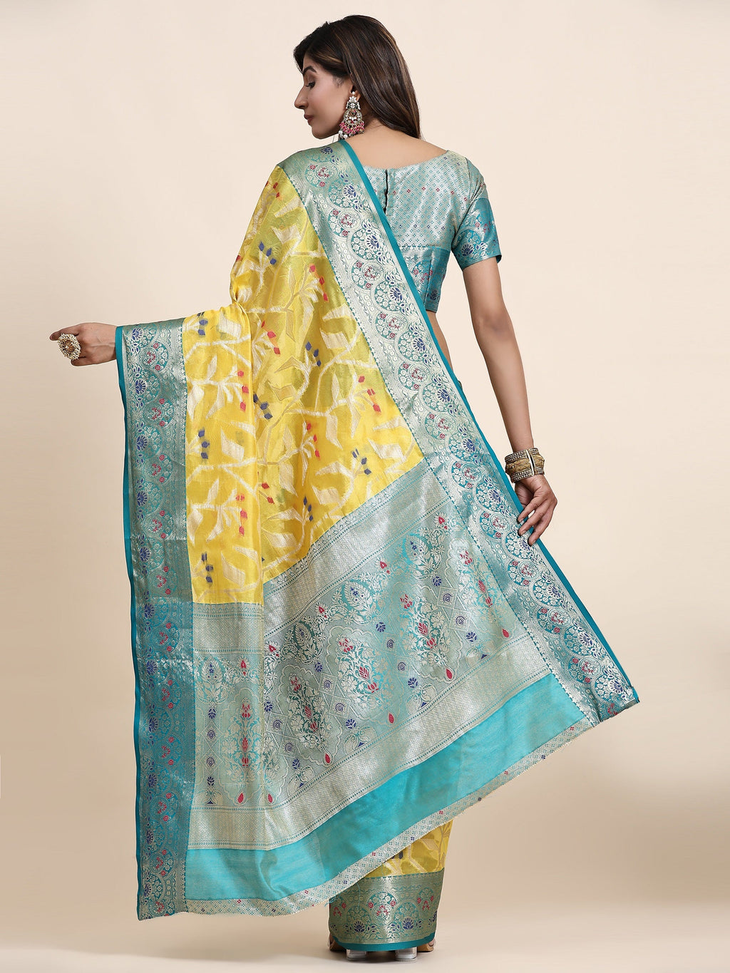 Vedant Vastram Organza Silk Kanjeevaram Saree - Yellow | Grocsy