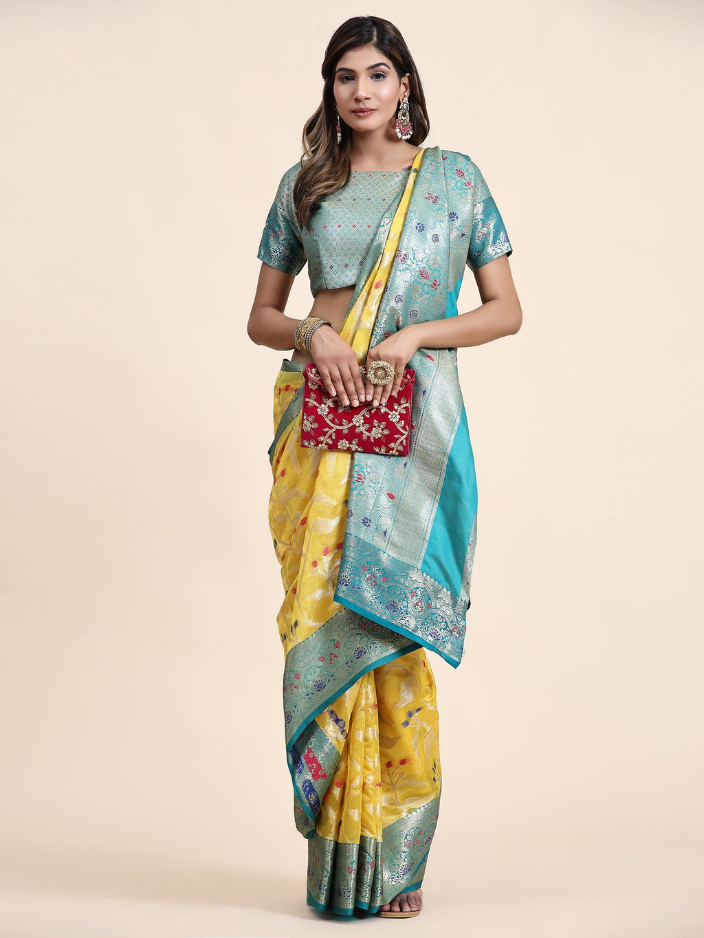 Vedant Vastram Organza Silk Kanjeevaram Saree - Yellow | Grocsy